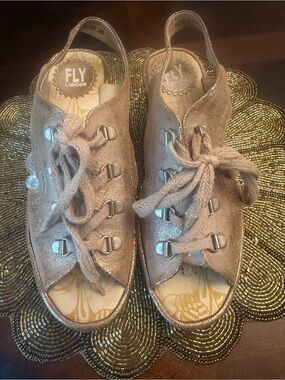 Fly London Shimmery Taupe Lace-Up Slingback Sandals